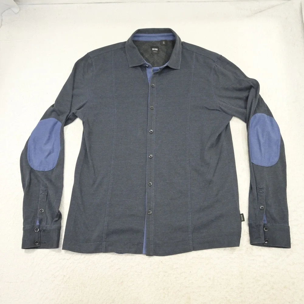 Hugo Boss Button Up Mens XL Slim Fit Dark Blue Elbow Patch Cotton Shirt